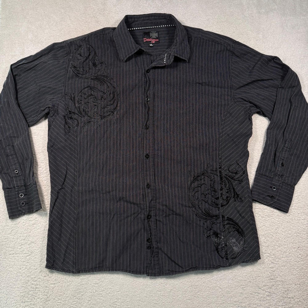 Vintage Y2K Point Zero Button Down Mens XL Black Pinstripe Flocked Fleur-de-lis